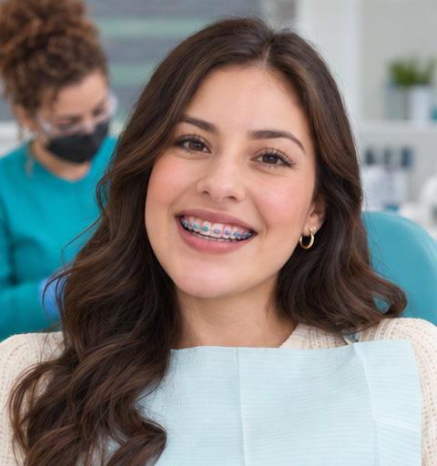 Escena ilustrativa creada con IA: odontóloga atendiendo a una paciente que sonríe con brackets de colores